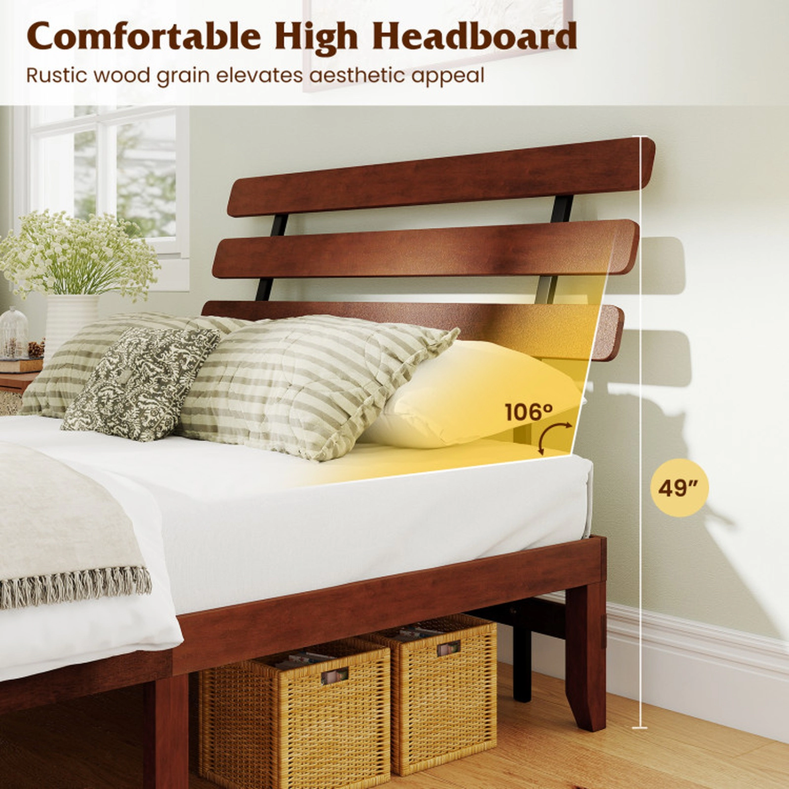 SUGIFT Walnut Retro Slat Headboard and 12 Slats Solid Wood Platform Bed