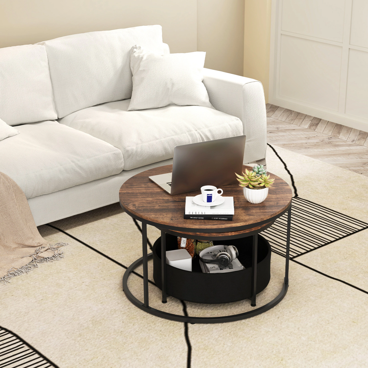 LJG Round Coffee Table Set of 2 Circle Cocktail with Storage Basket