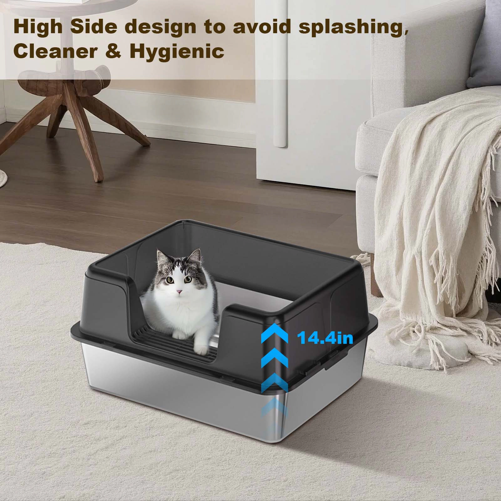 Extra-Large Open Stainless-Steel Cat Litter Box, High-Sided Anti-Splashing Litter Pan 60x40x36.5cm, Black