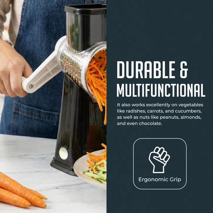 Luminuxe Rotary Cheese Grater w/ Handle, Manual Cheese Shredder Strong Suction Base. Kitchen Mandoline Vegetable Slicer