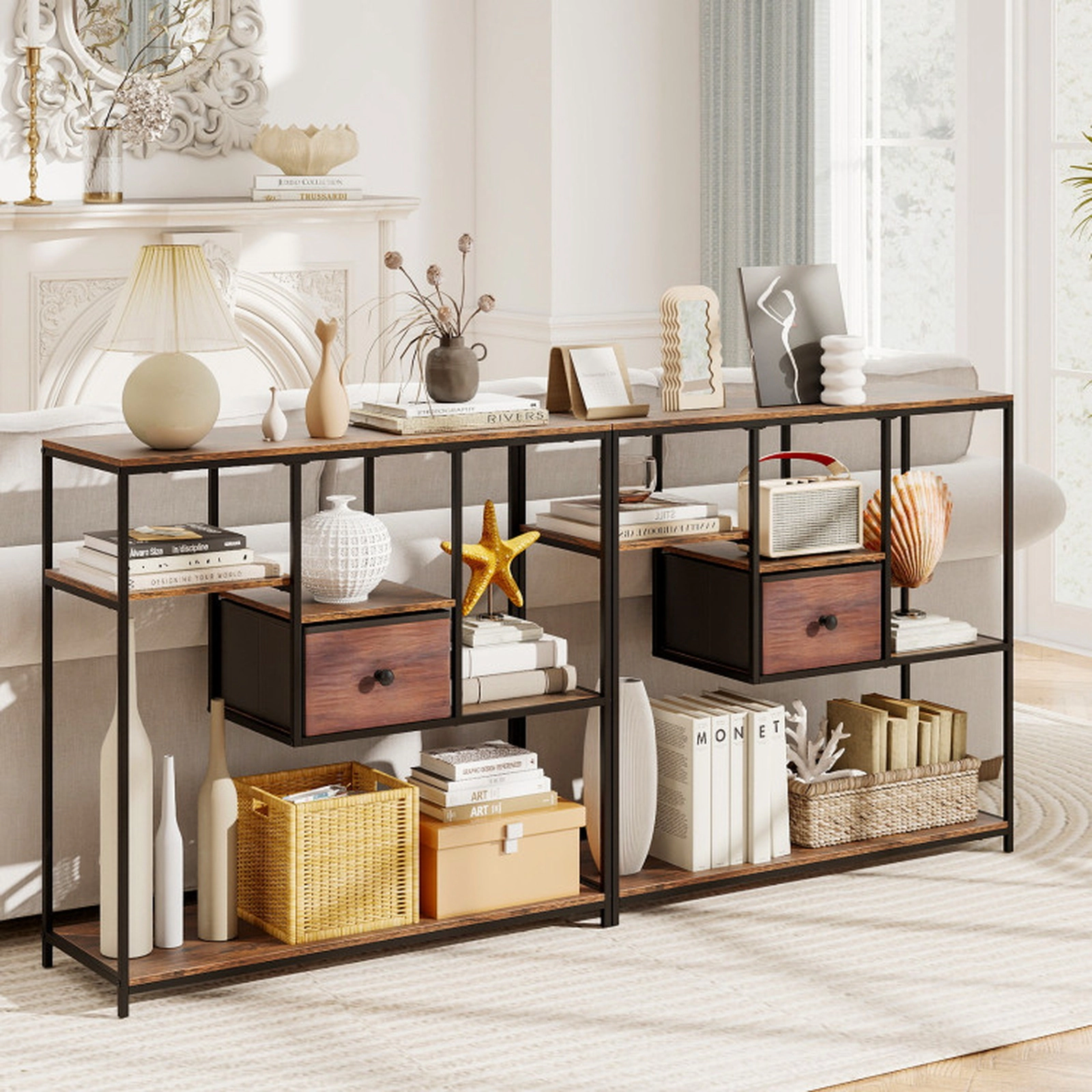 SUGIFT 40-in Console Table Behind Sofa Couch with Storage 88-lb Bottom Shelf Capacity Rustic Brown and Black