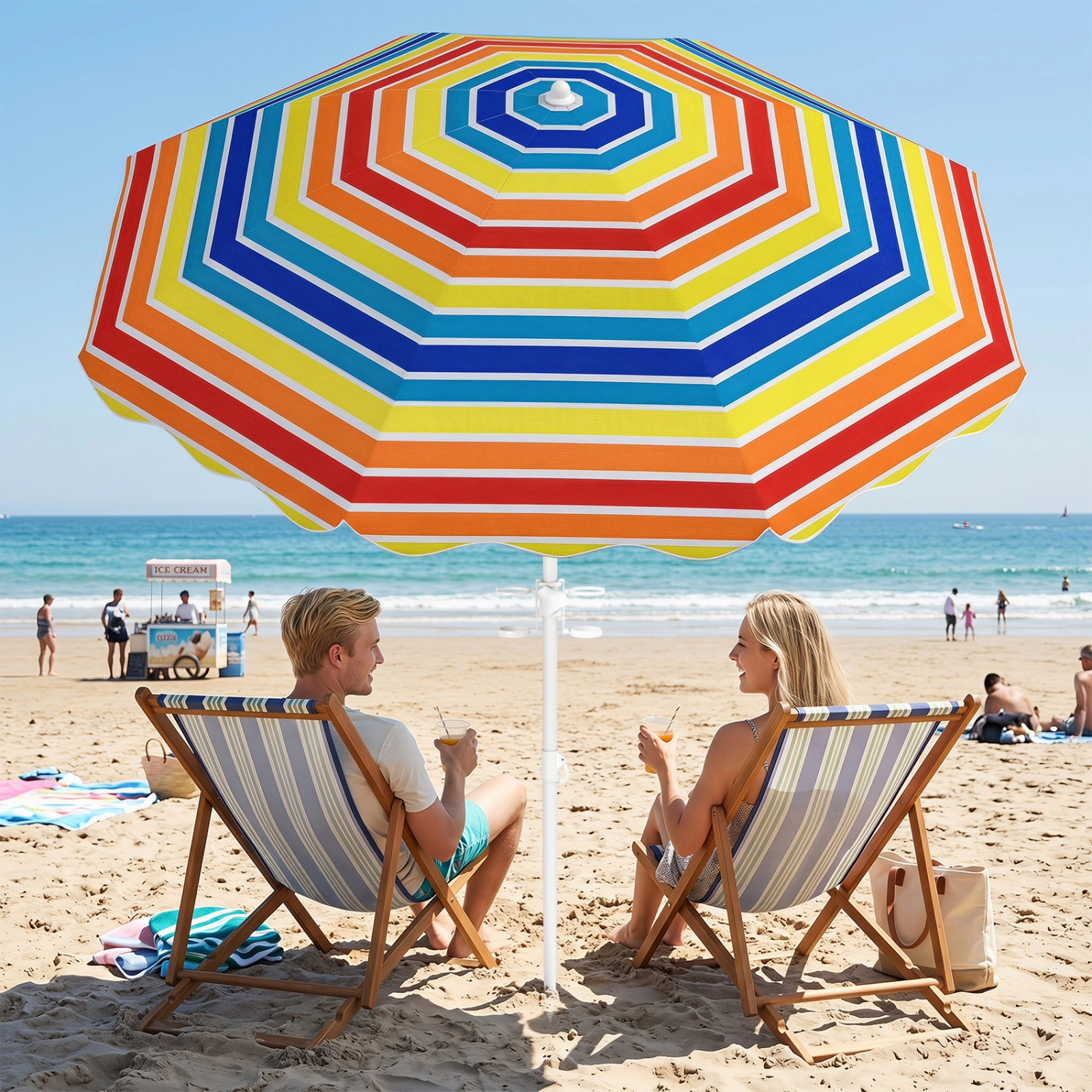 SUGIFT 6.5-ft Rainbow UPF 50+ Beach Umbrella with Sand Anchor Tilt Pole 2 Cup Holders and Carry Bag