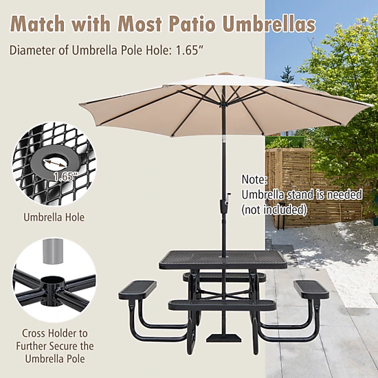 Hivvago Square Picnic Table And Bench For 8 Person With Seats And Umbrella Hole-Black
