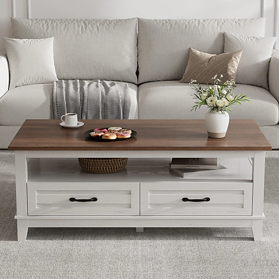 BebreezChic Modern Farmhouse 47 Inch 3 Tier Wooden Living Room Coffee Table with Drawers and Shelf