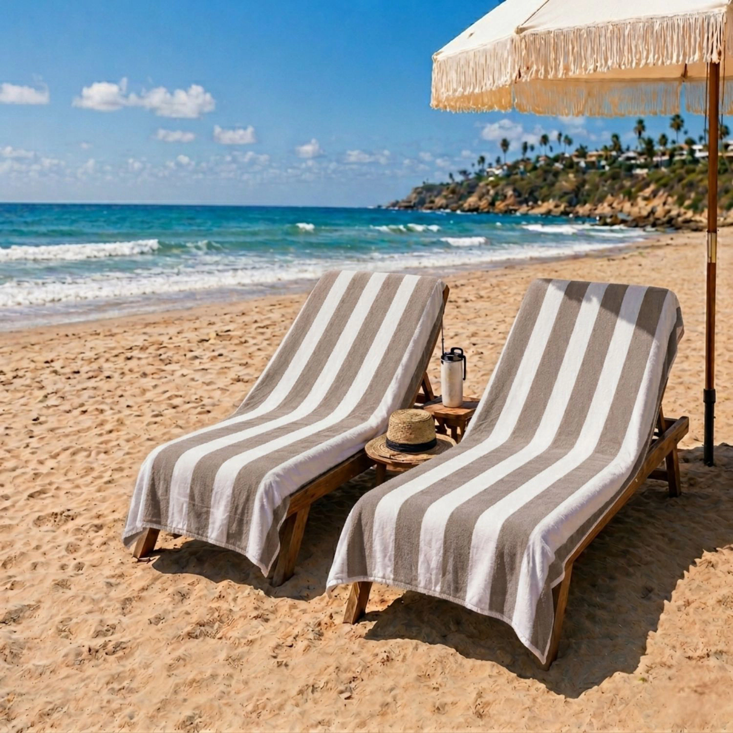 Plazatex Cabana Terry Cloth Stripe 80% Cotton 20% Polyester 2 Pack Beach Bath Towel 36" x 66" Taupe