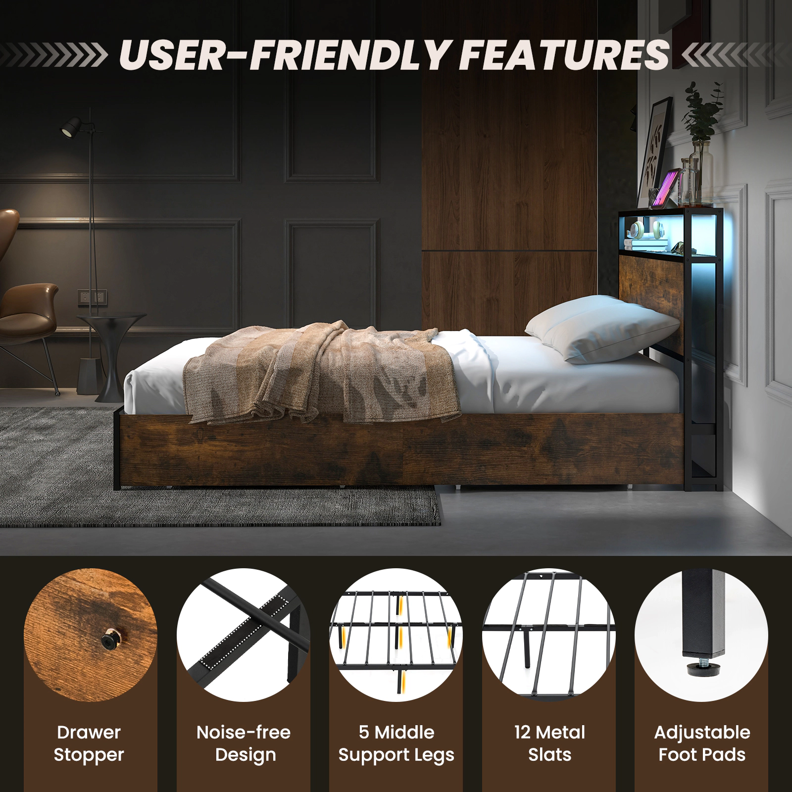 SUGIFT Full Size Bed Frame with Smart LED Lights, Headboard Storage Shelves and 4 Drawers 1100-lb Capacity Rustic Brown