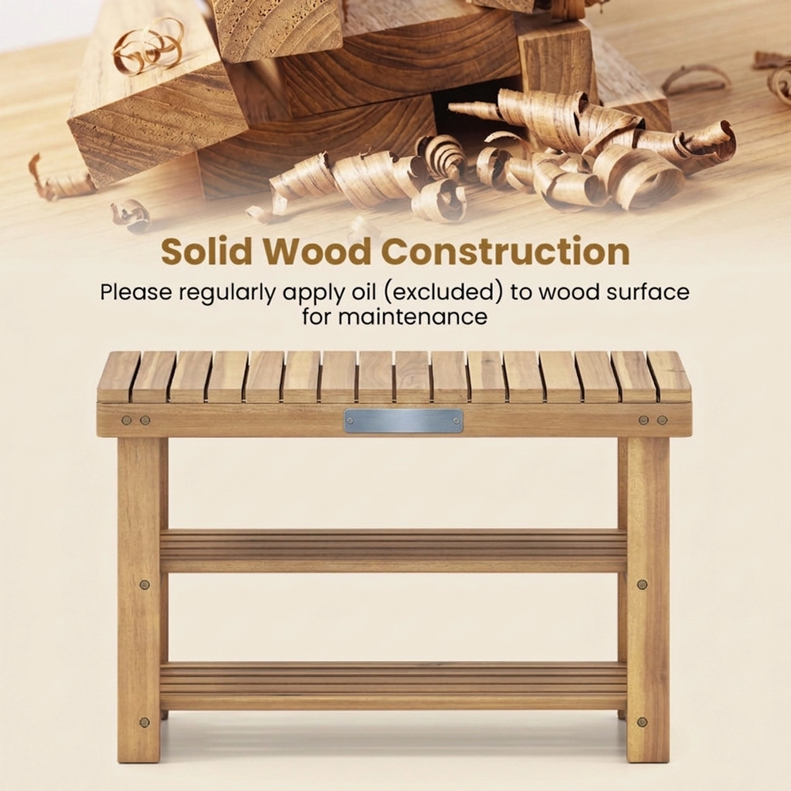 SUGIFT Slatted Shelves Natural 3-Tier Solid Teak Wood Shoe Rack Bench