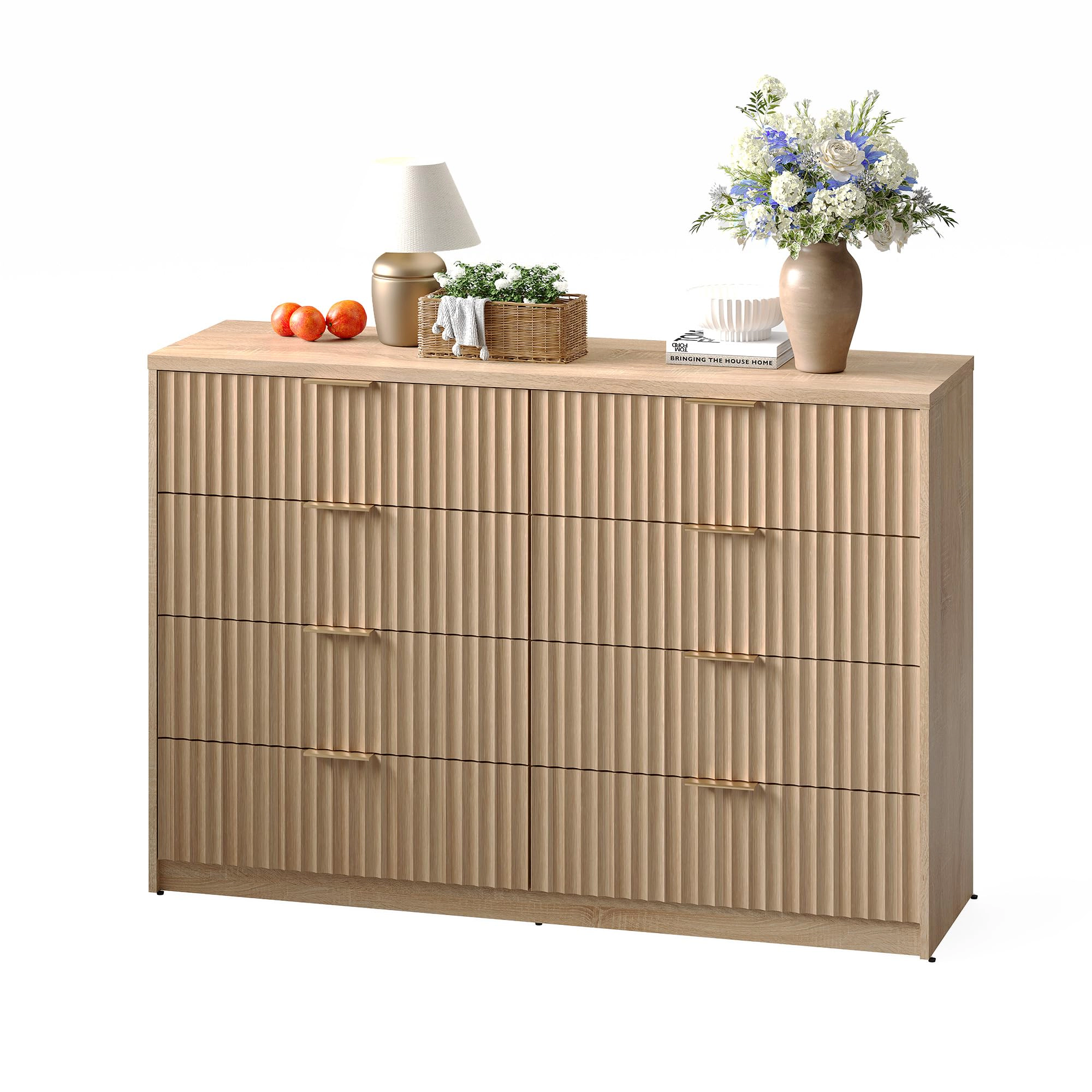 8 Drawer Fluted Double Dresser with Metal Handles, Modern Wood Storage Chest for Bedroom Entryway