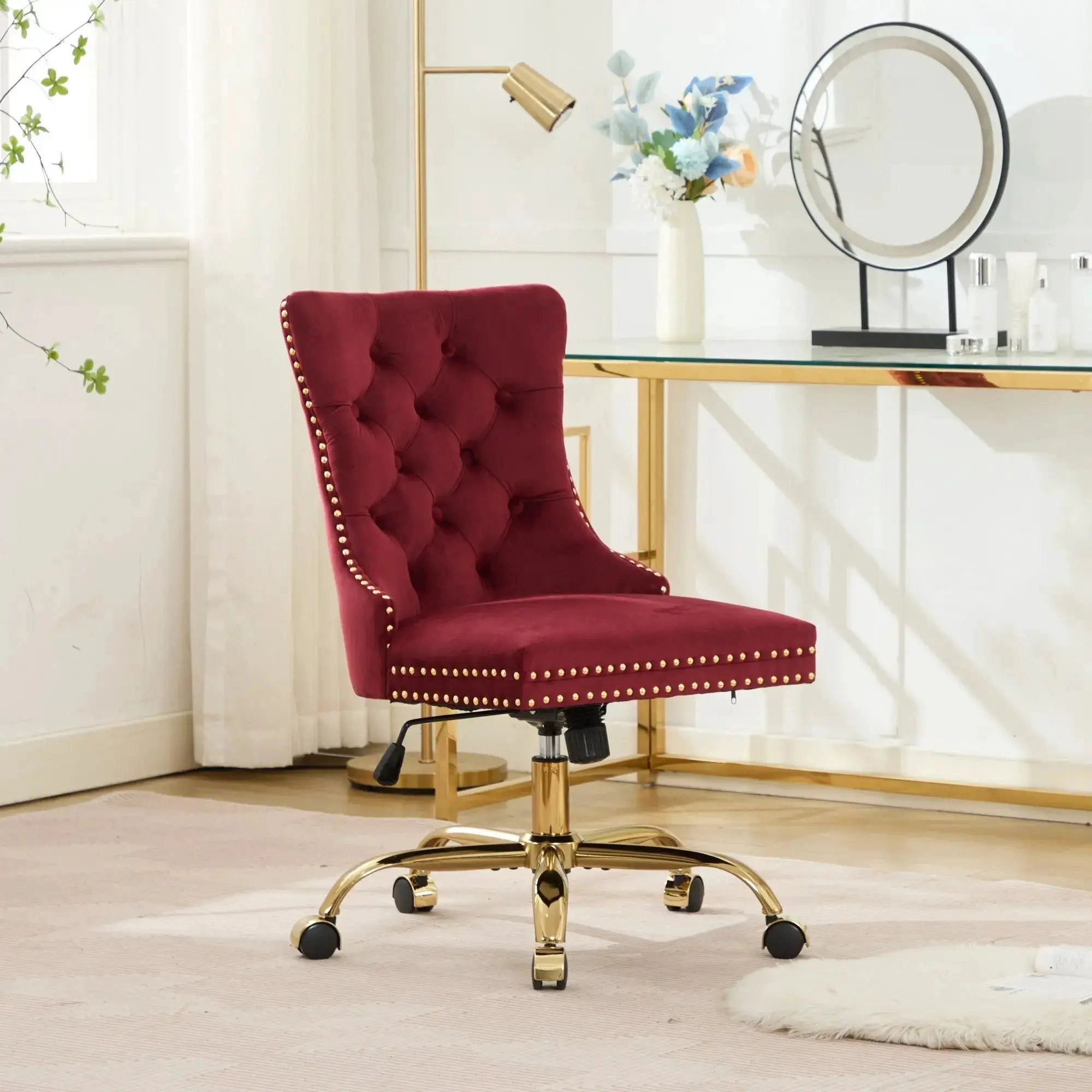 Platinum-Level Office Chairs Wine Red Velvet Tufted Adjustable Swivel Office Chair Gold