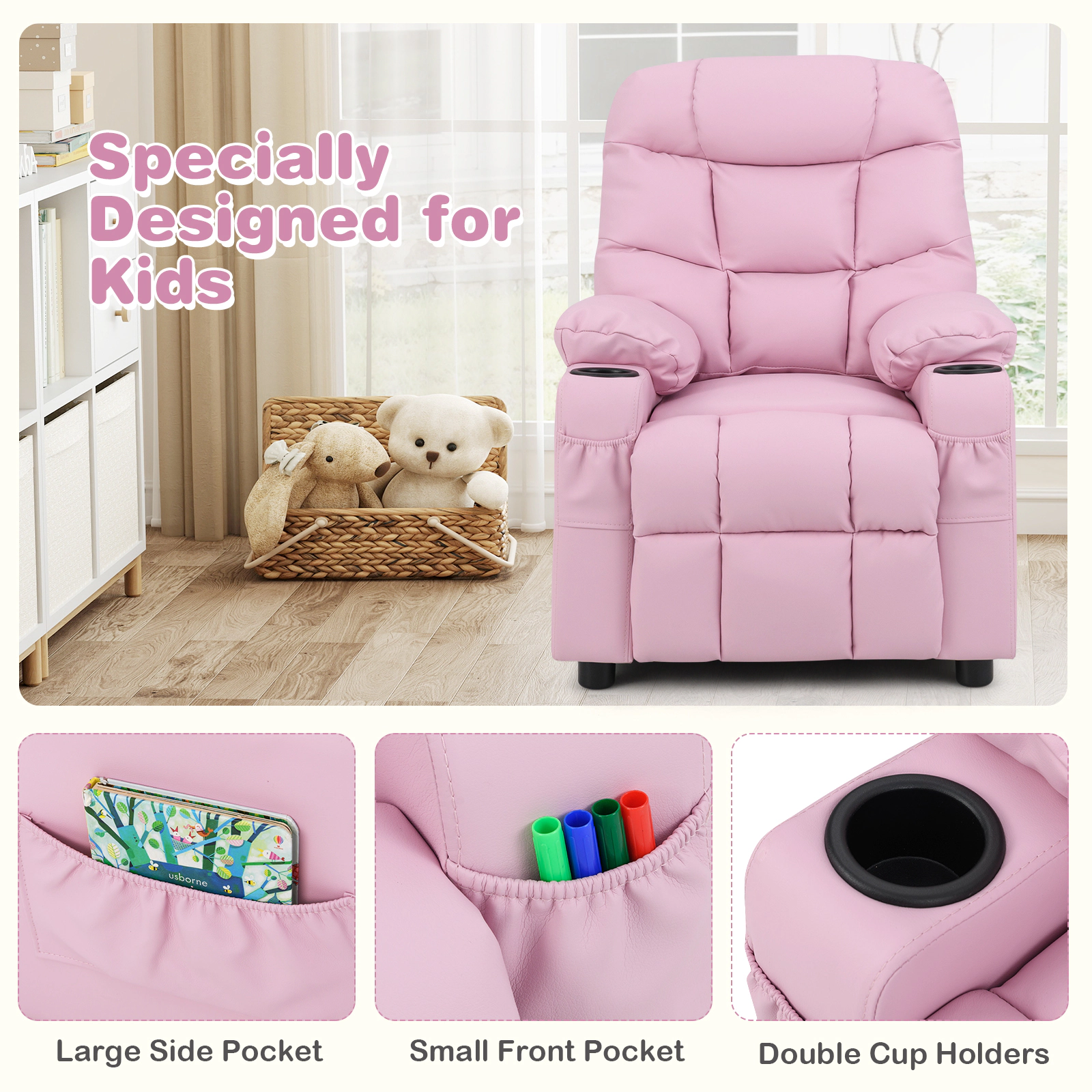 SUGIFT Adjustable Kids Recliner Chair with Cup Holder and Footrest 120-Lb Capacity Ages 3+ 26-in Wide Light Pink