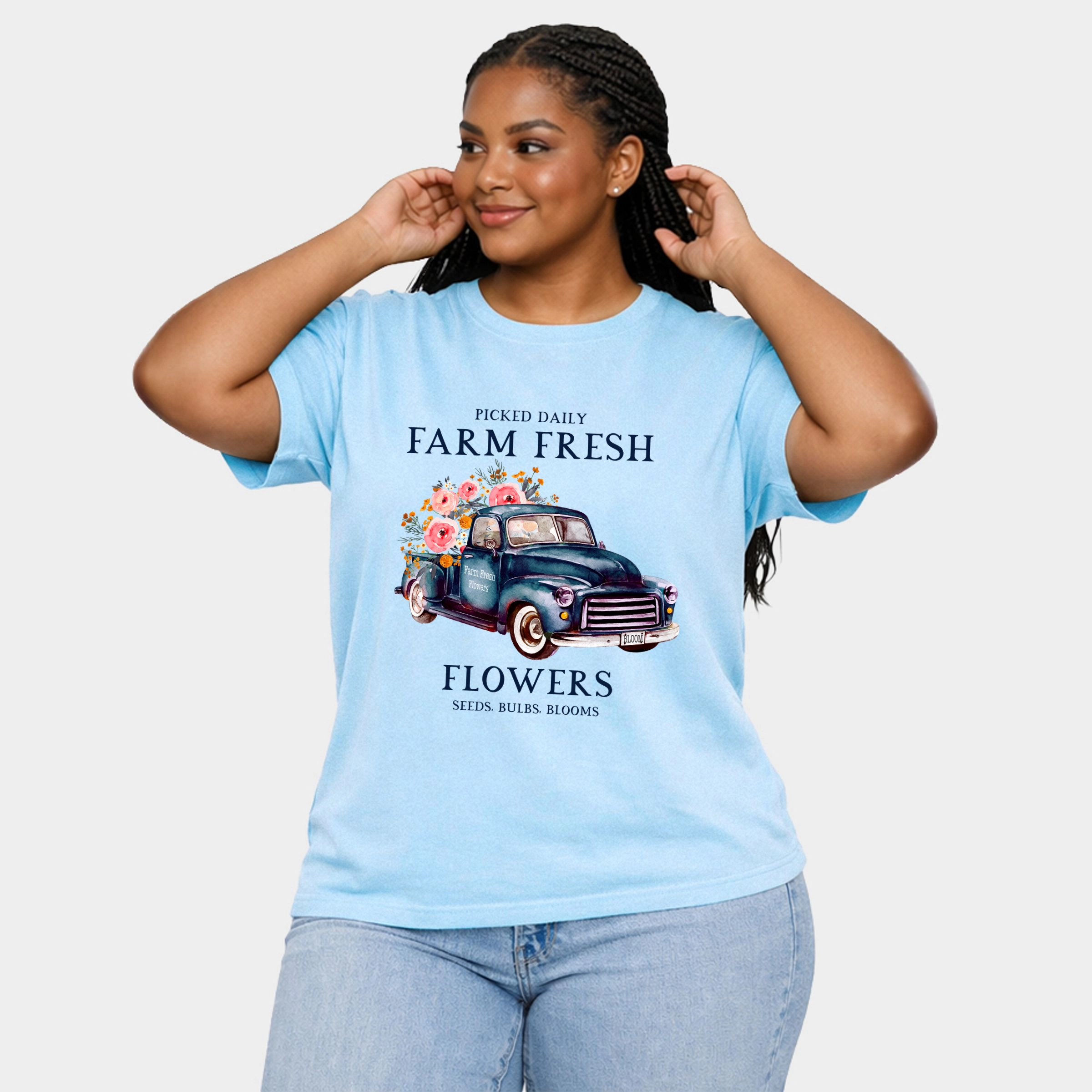 Simply Sage Market - Farm Fresh Flowers Truck Women's Plus Sized Garment Dyed Graphic T-Shirt