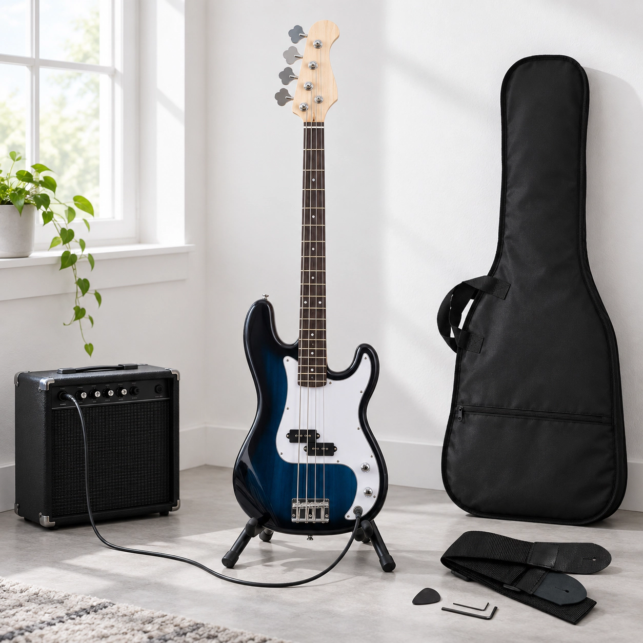 SUGIFT Blue Full Size 4-String Electric Bass Guitar with Paulownia Body and Rosewood Fretboard 7.7-lb Weight