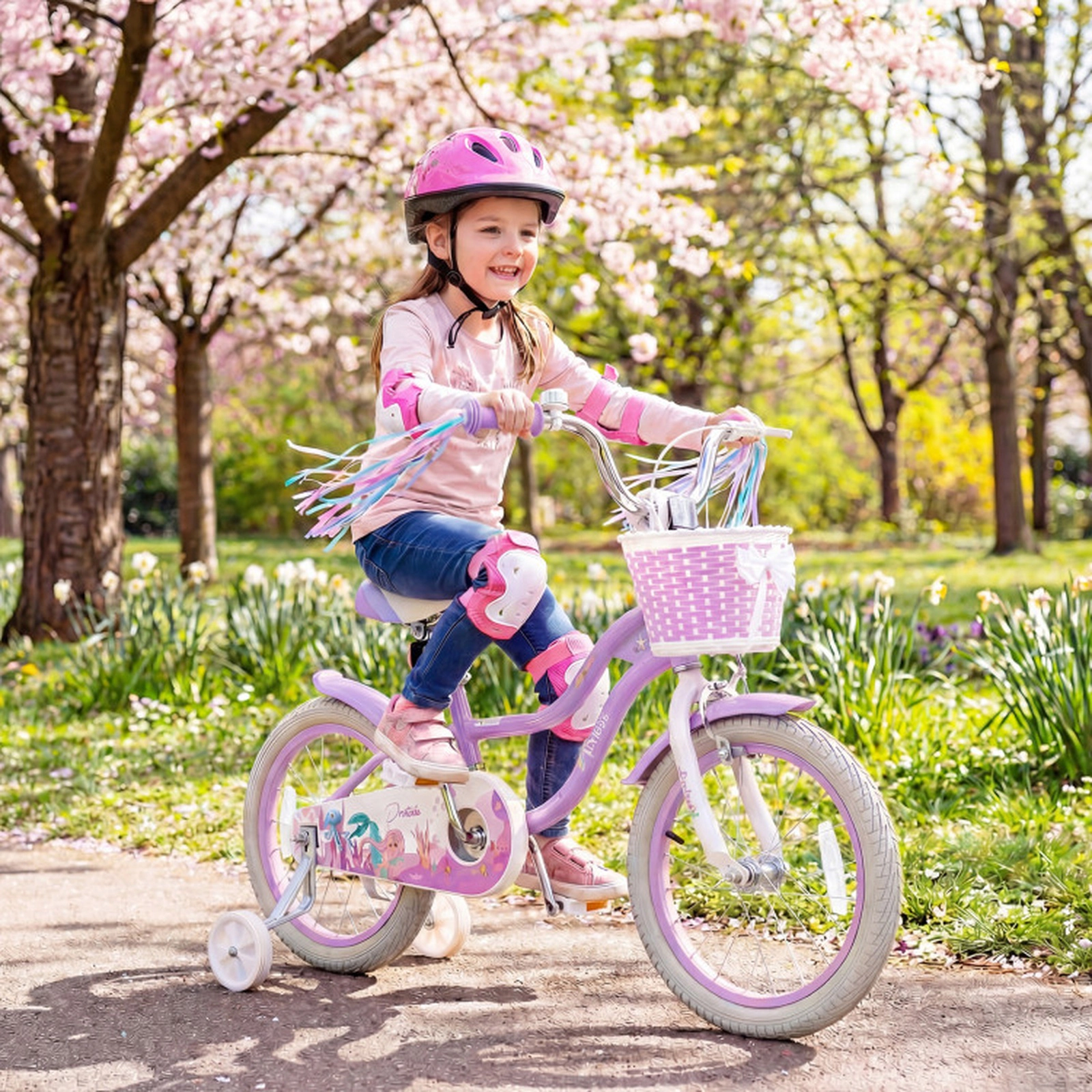 SUGIFT Adjustable 16-in Kids Bike with Training Wheels 110-lb Capacity Ages 4-7 Purple with Basket and Streamers
