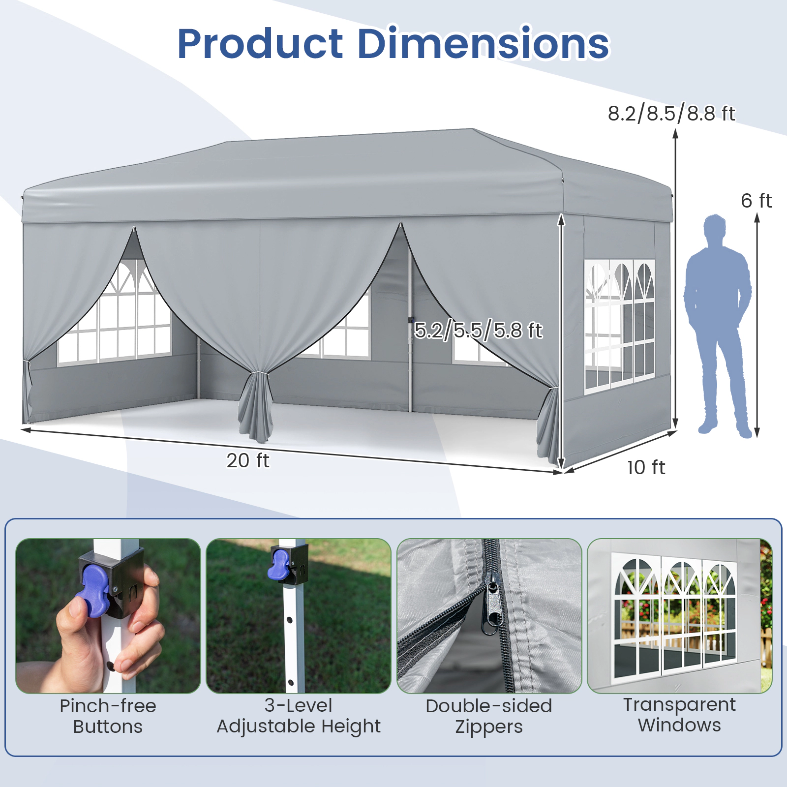 LJG 10 x 20 Feet Pop up Canopy Tent Instant Setup with 6 Sidewalls