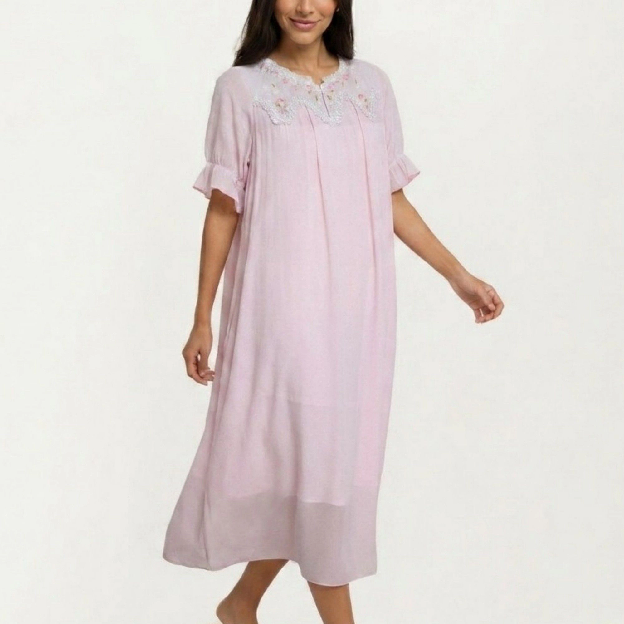 Anna-Kaci Women's Short Sleeve Nightgown with Embroidered Collar and Ruffle Cuffs