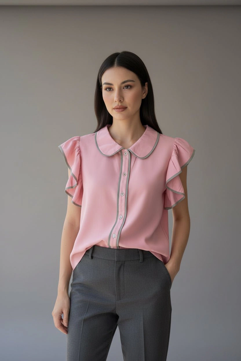 DressAtR Women's Pink Two Tone Flutter Sleeveless Collar Front Button Blouse