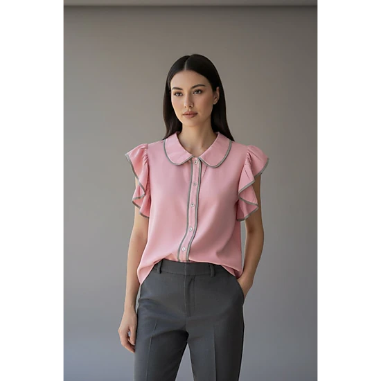 DressAtR Women's Pink Two Tone Flutter Sleeveless Collar Front Button Blouse