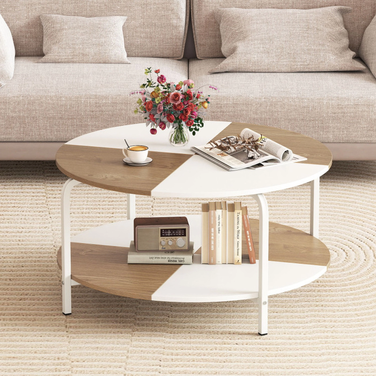 SUGIFT 2-Tier Round Coffee Table Metal Frame with Storage Shelf 220-lb Tabletop Capacity 31.5-in Round White and Natural
