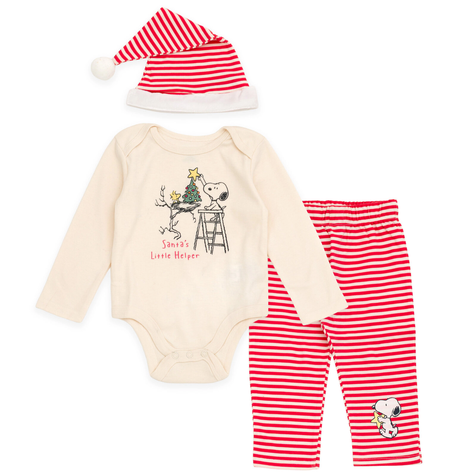 Peanuts Baby Boys' Christmas Bodysuit Pants and Hat Set