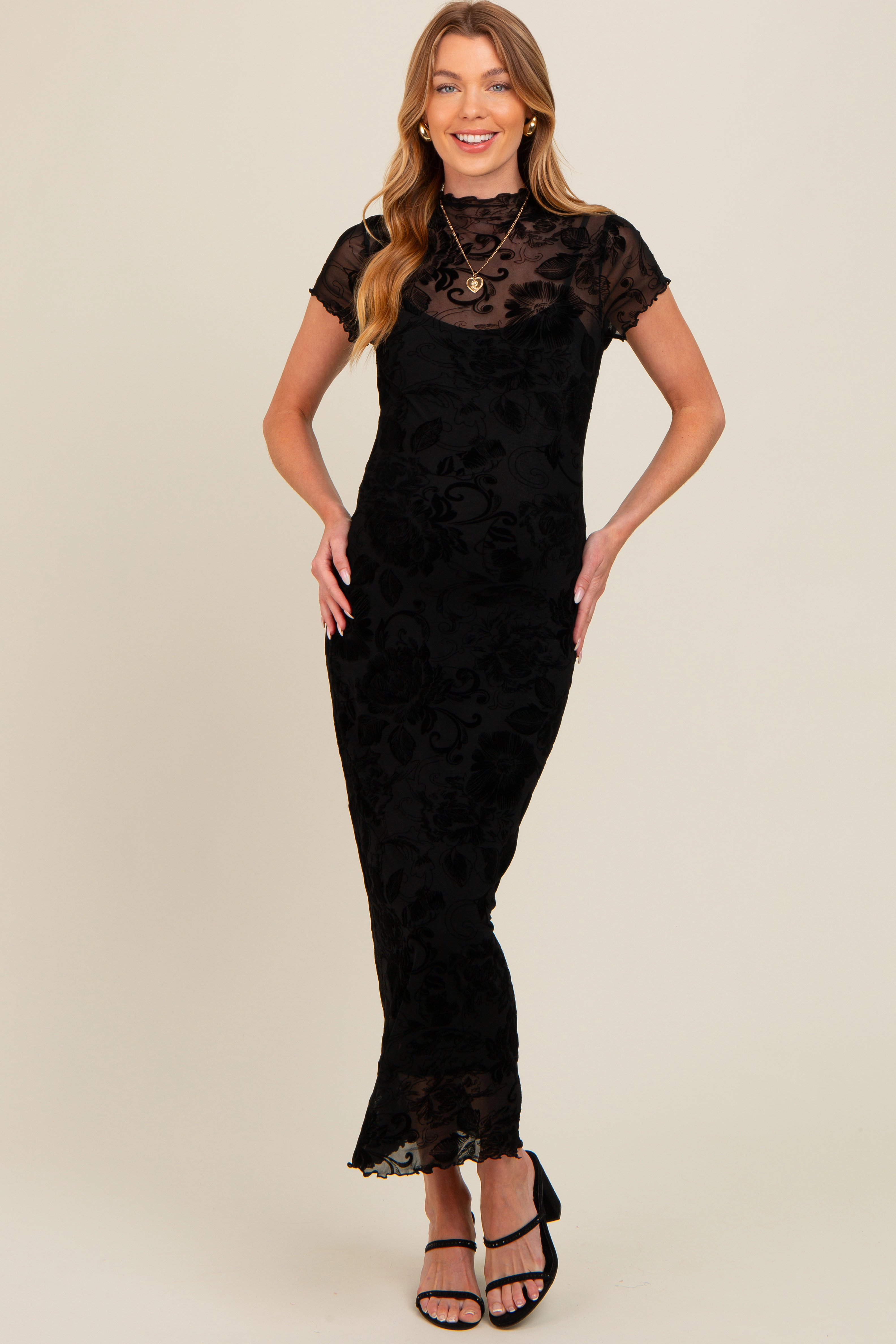 PinkBlush Womens Black Floral Mesh Overlay Fitted Maternity Maxi Dress