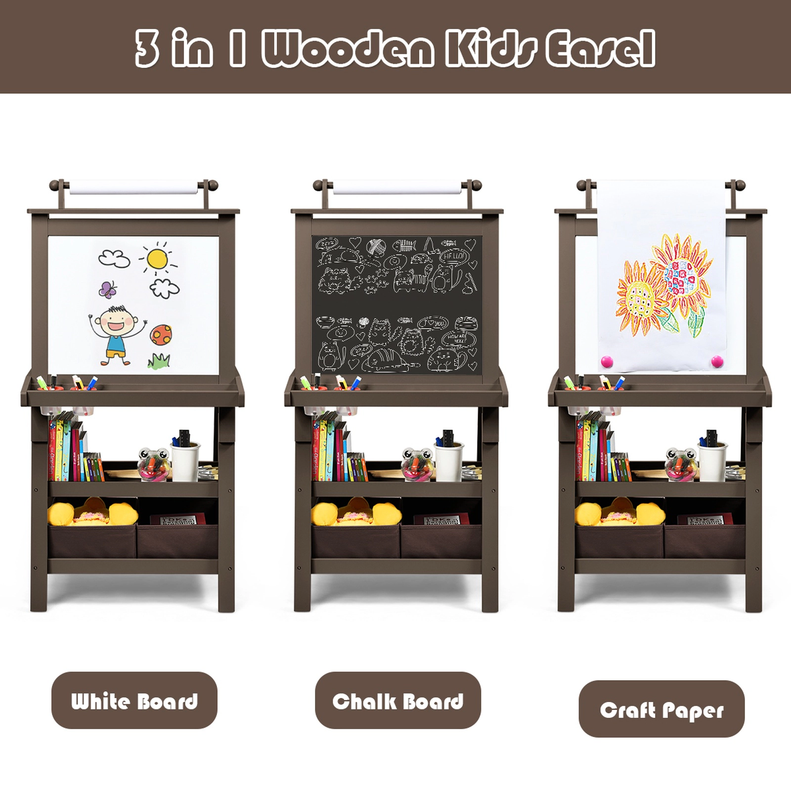 SUGIFT Paper Roll and Storage Bins 3-in-1 Double-Sided Kids Art Easel