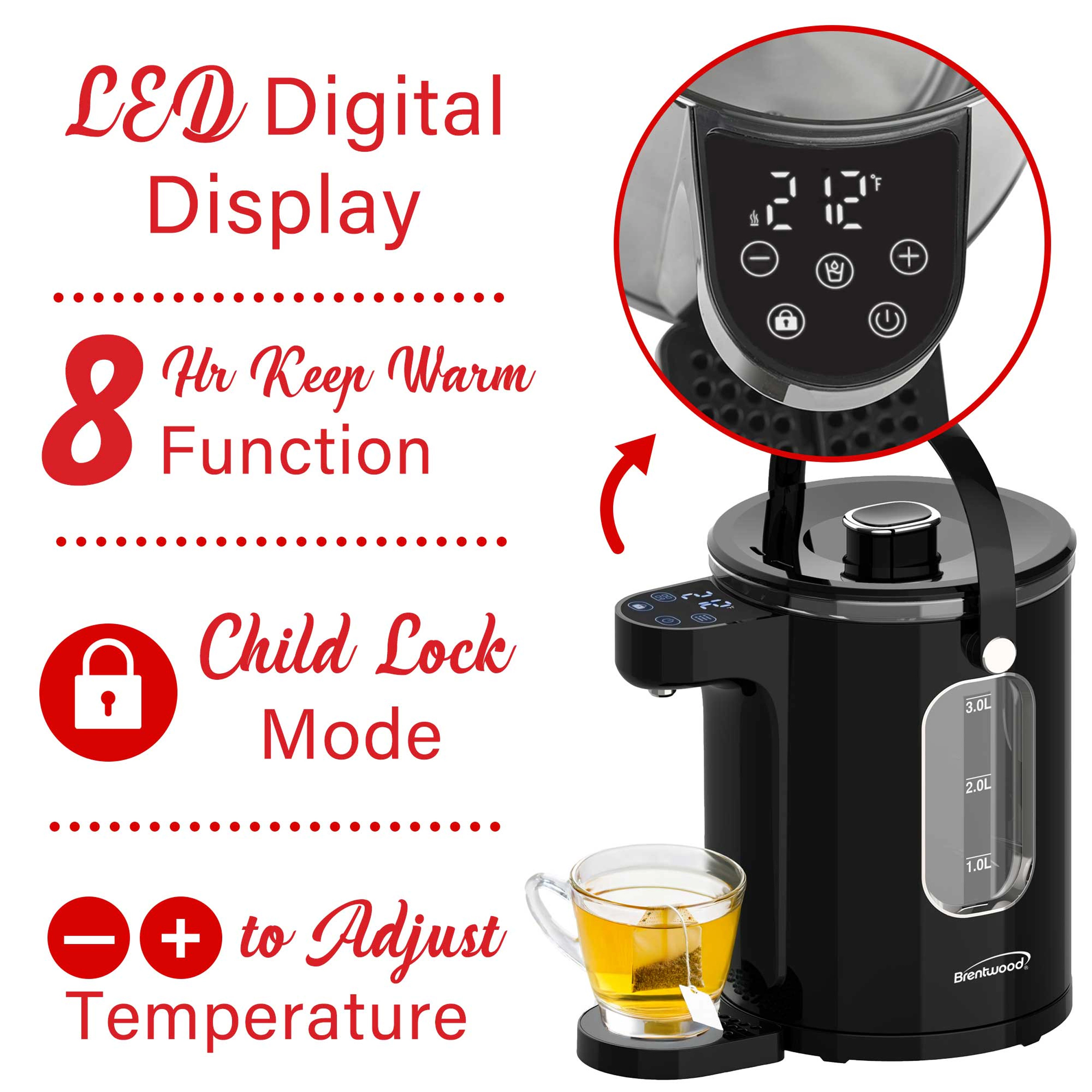 Brentwood 3 Liter 1100w Digital Glass Instant Hot Water Dispenser in Black with Tea Infuser