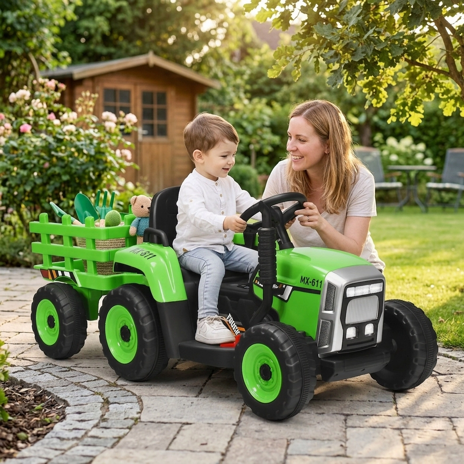 12V Kids Ride on Tractor Detachable Trailer 3-Gear Shift Handle 2.4G Remote LED Lights Ages 3+ 66-lb Capacity