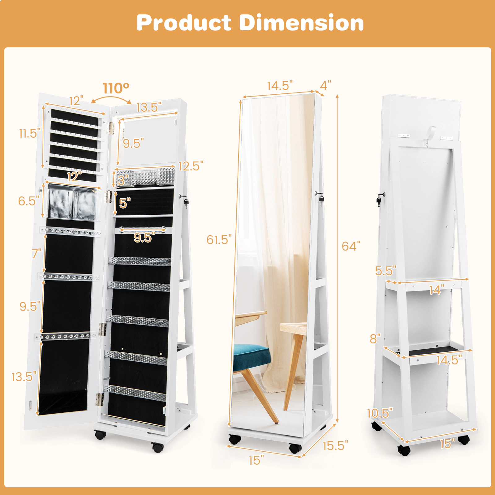 Hivvago 64 Inches Lockable Jewelry Cabinet Armoire with Built-in Makeup Mirror-White