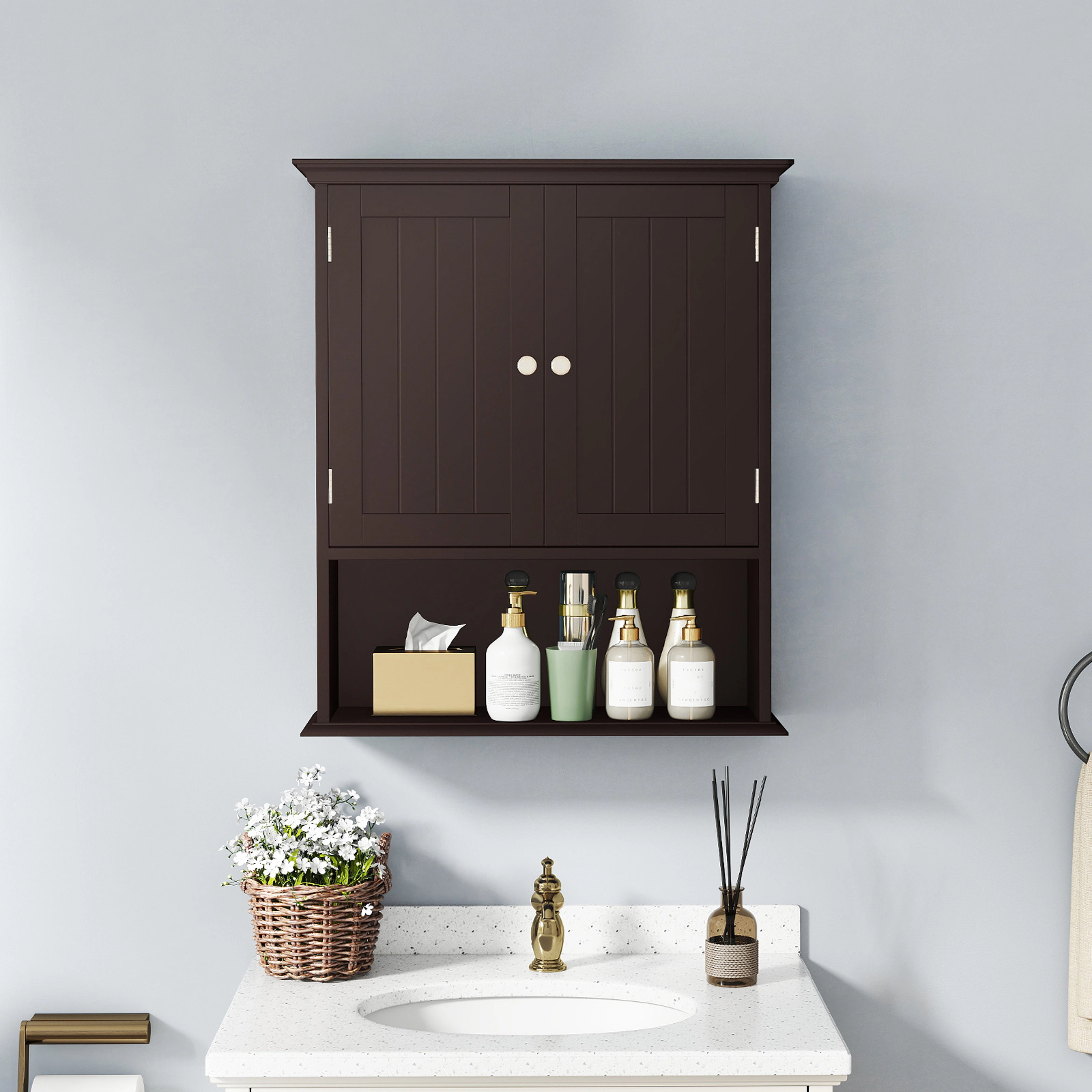 SUGIFT 2-Door Wall Mounted Open Shelf Bathroom Organizer Cabinet 23.5-in x 7.5-in x 28-in 11-lb per Level Brown