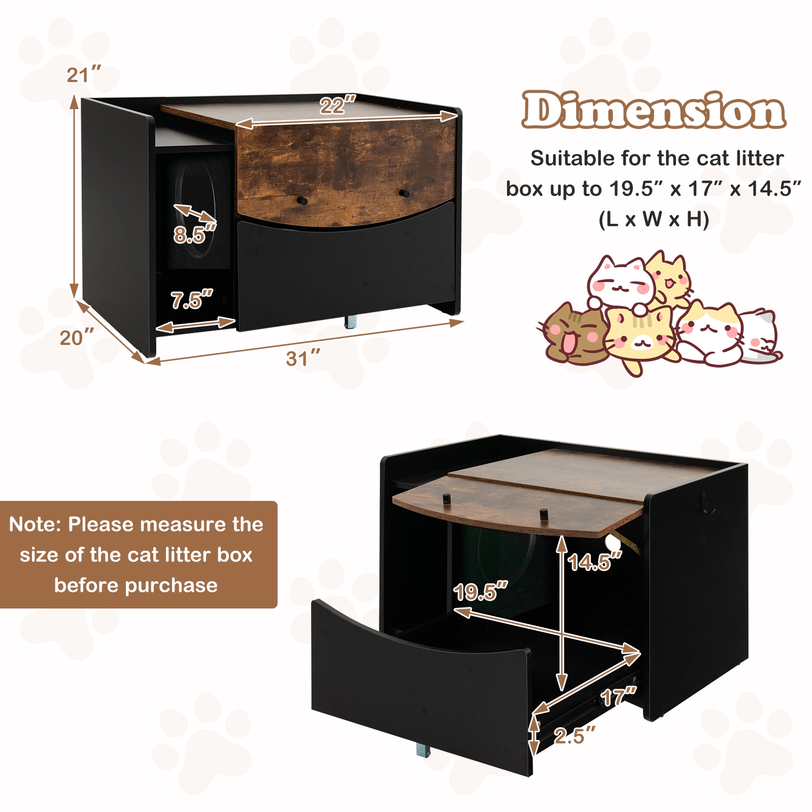 SUGIFT Black Cat Litter Box Enclosure with Pull-Out Drawer and Flip Door 31-in W 20-in D 21-in H 44-lb Per Layer