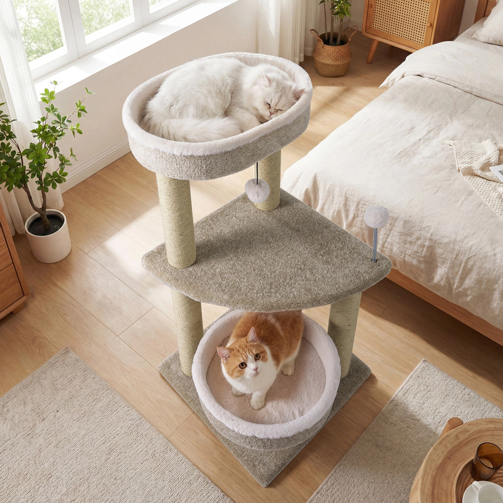 SUGIFT White Plush Perches and Jute Rope Posts 36 in Carpeted Cat Tree