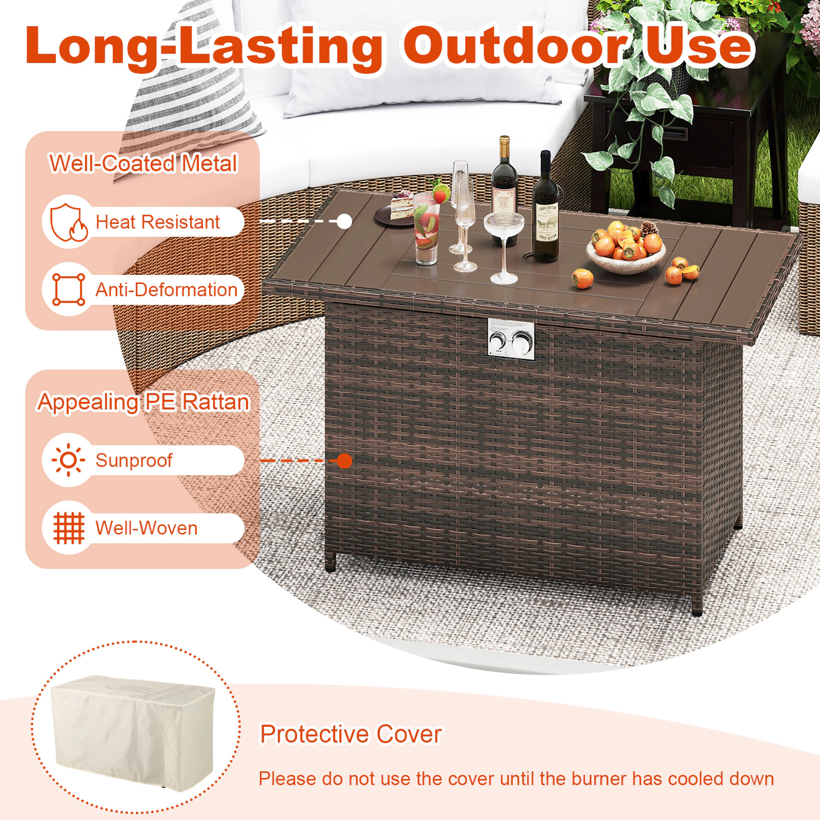 SUGIFT 44.5 Inch Propane Fire Pit Table Brown Rattan 2-in-1 with Stainless Burner