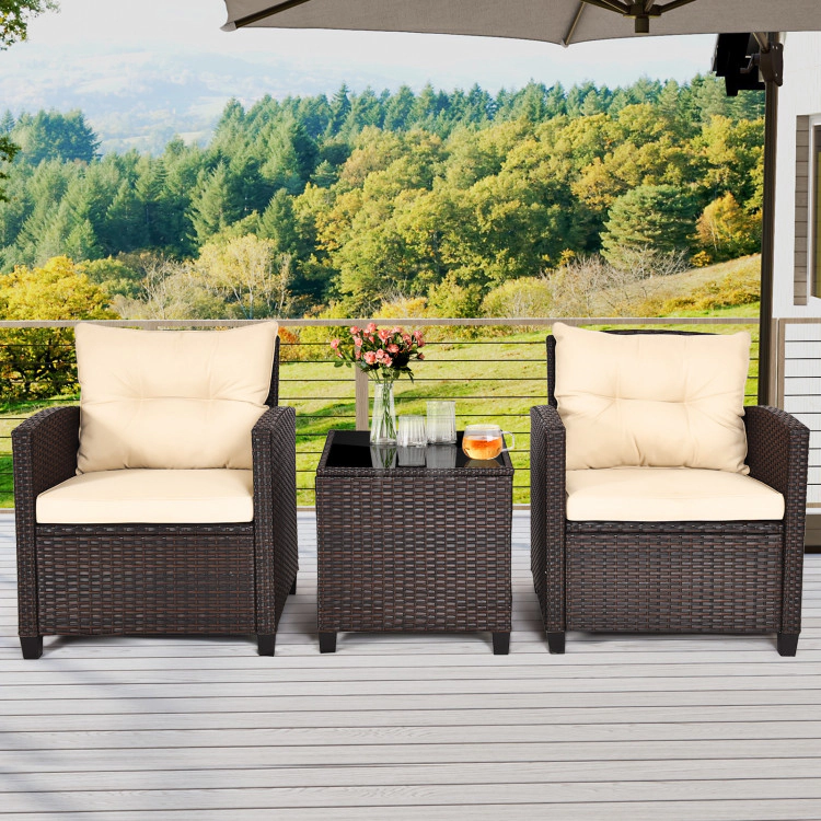 Hivvago 3 Pieces Patio Rattan Furniture Set Cushioned Conversation Coffee Table