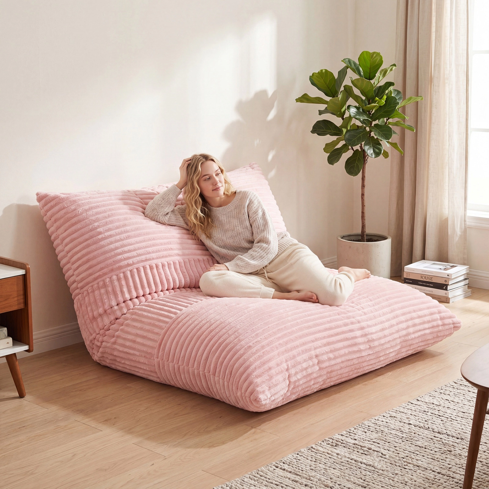 SUGIFT 3-in-1 Large Corduroy Bean Bag Chair Bed and Sofa 73 x 53 in Pink