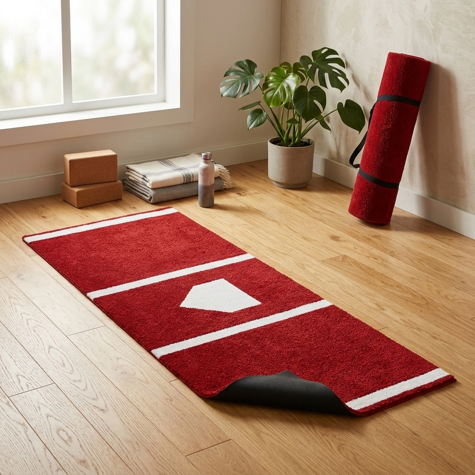 10-ft x 3.8-ft Softball and Baseball Turf Batters Box Mat Plate Outline Dual-Sided Layout Tote Strap Red Hitting Mat