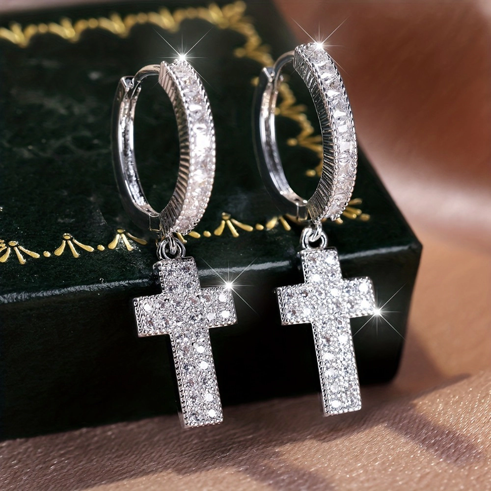 Women Gothic Paved Cubic Zirconia Cross Dangle Huggie Hoop Earring