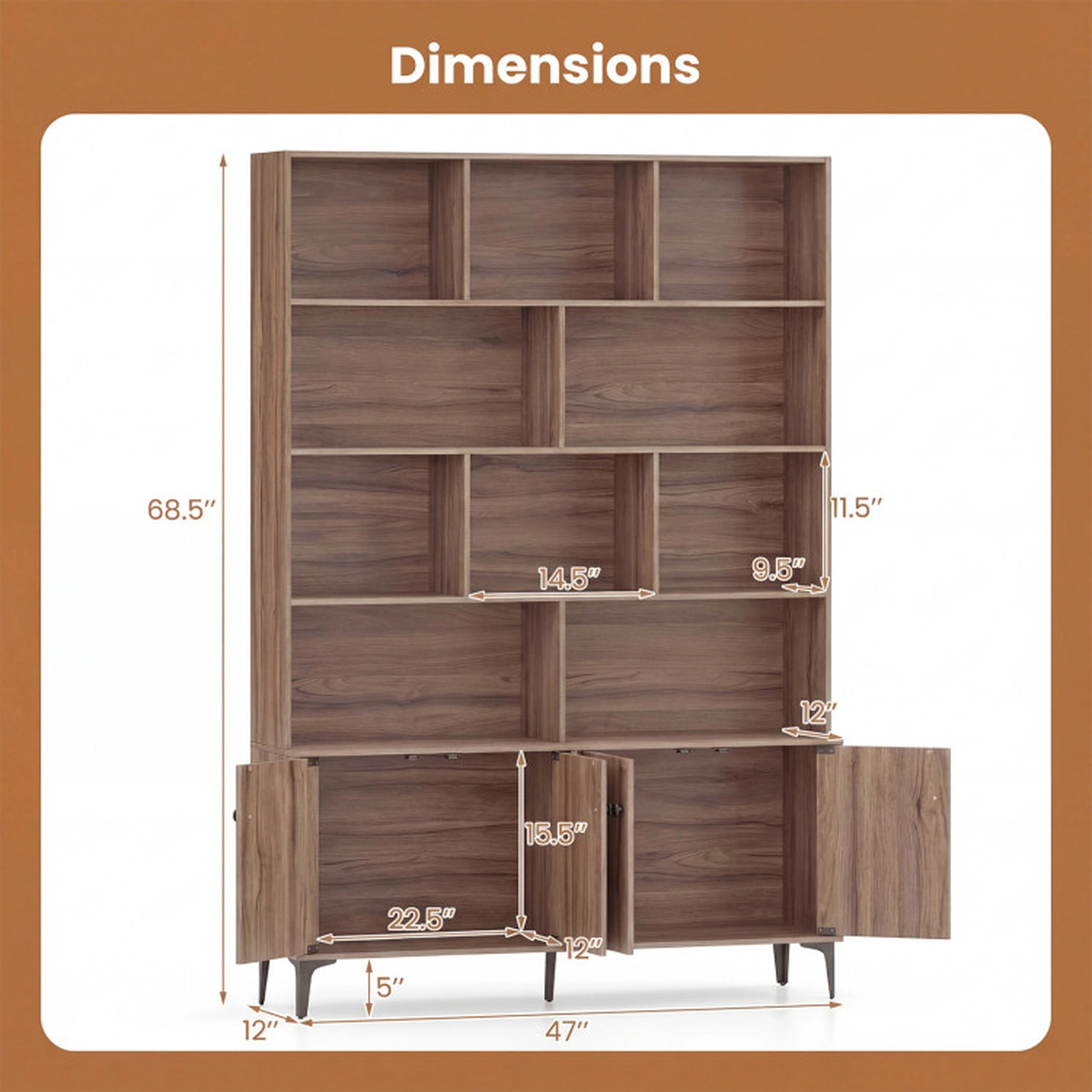 SUGIFT 4-Door Tiered Bookshelf with Enclosed Cabinet 22-lb Shelf and Cabinet Capacity 24-in Wide Walnut/White