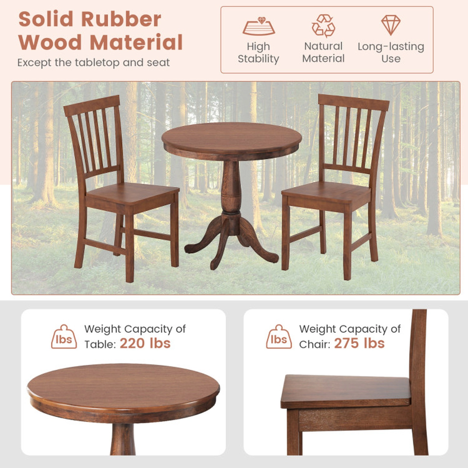 SUGIFT 3-Piece Rubber Wood Slat Back 2 Chairs Pedestal Table Dining Set 32-in Dia x 30-in H 220-lb Capacity Walnut