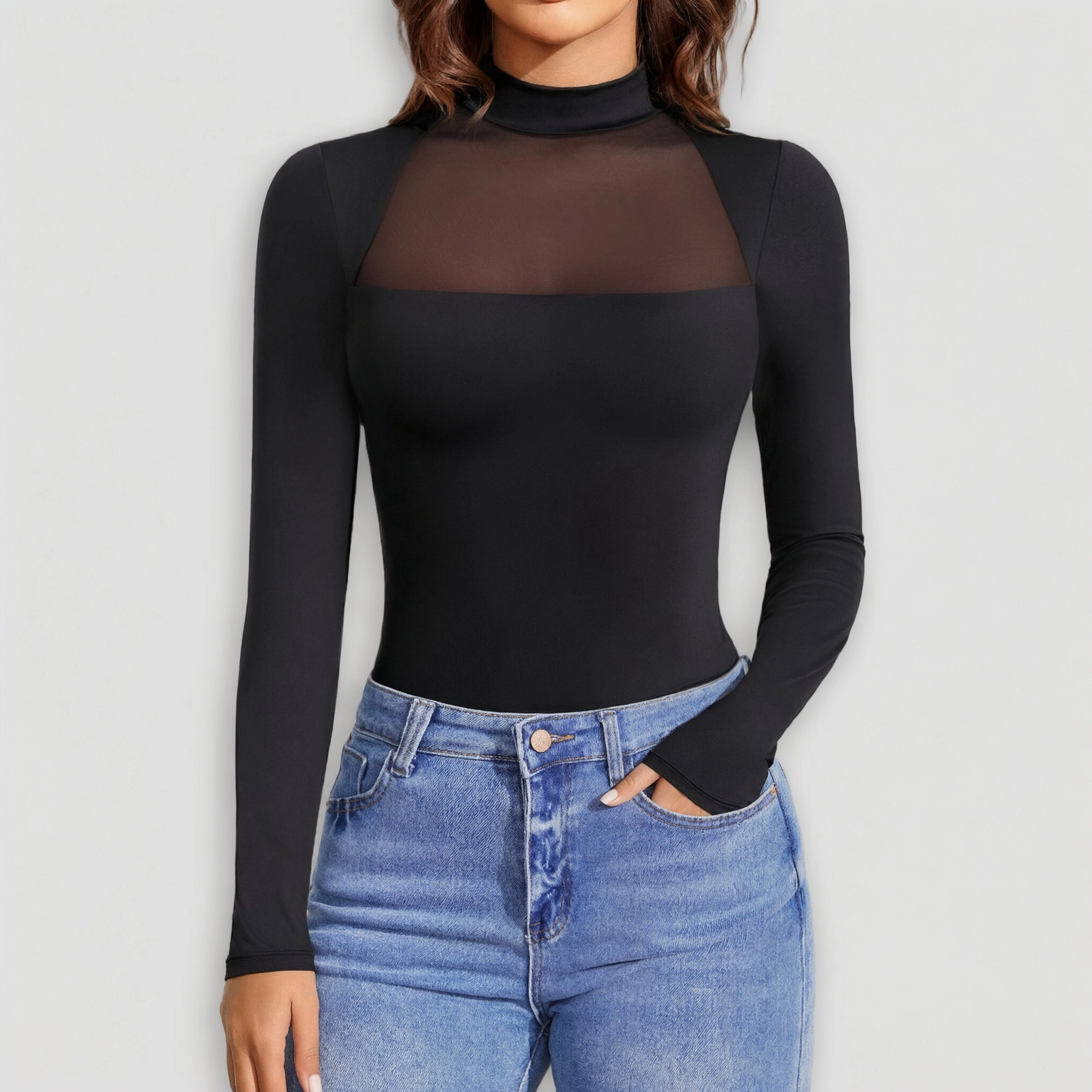 Avidlove Women's Mock Neck Sheer Mesh Panel Double Lined Thong Long Sleeve Bodysuit
