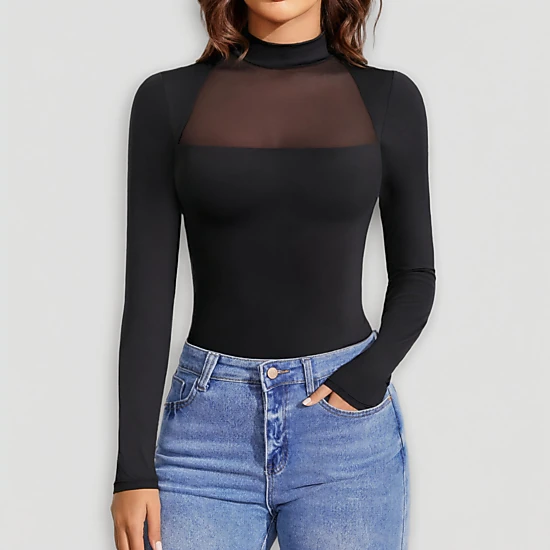 Avidlove Women's Mock Neck Sheer Mesh Panel Double Lined Thong Long Sleeve Bodysuit