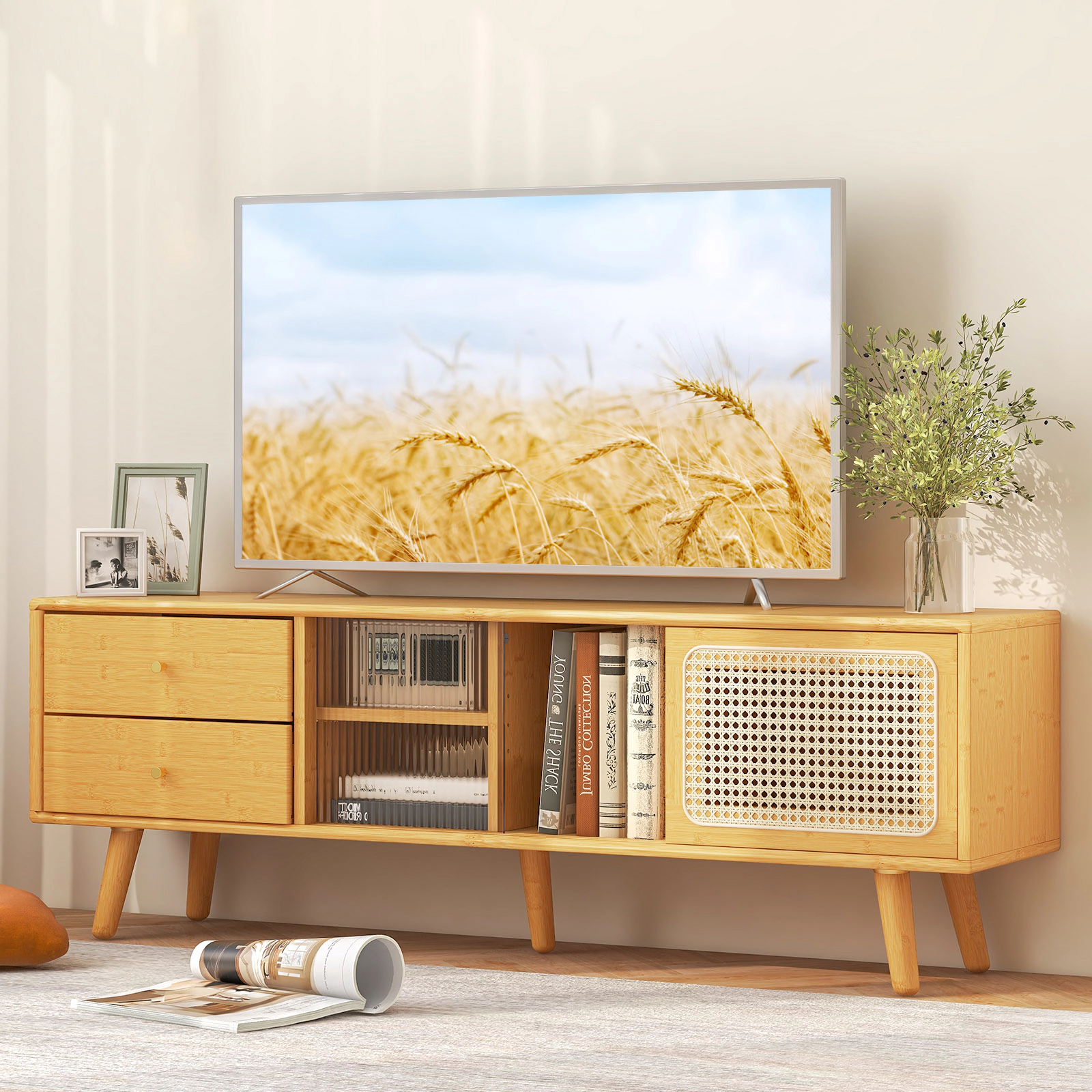 SUGIFT Bamboo TV Stand for TV up to 65 Inch with Storage Compartments and Drawers 155-lb Top Capacity Natural Brown
