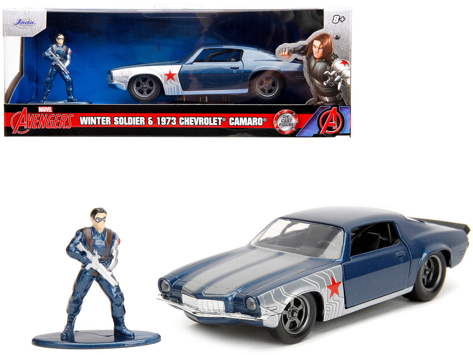 Jada 1973 Chevrolet Camaro Dark Blue Metallic with Gray Stripes and Winter Soldier Diecast Figure "Marvel