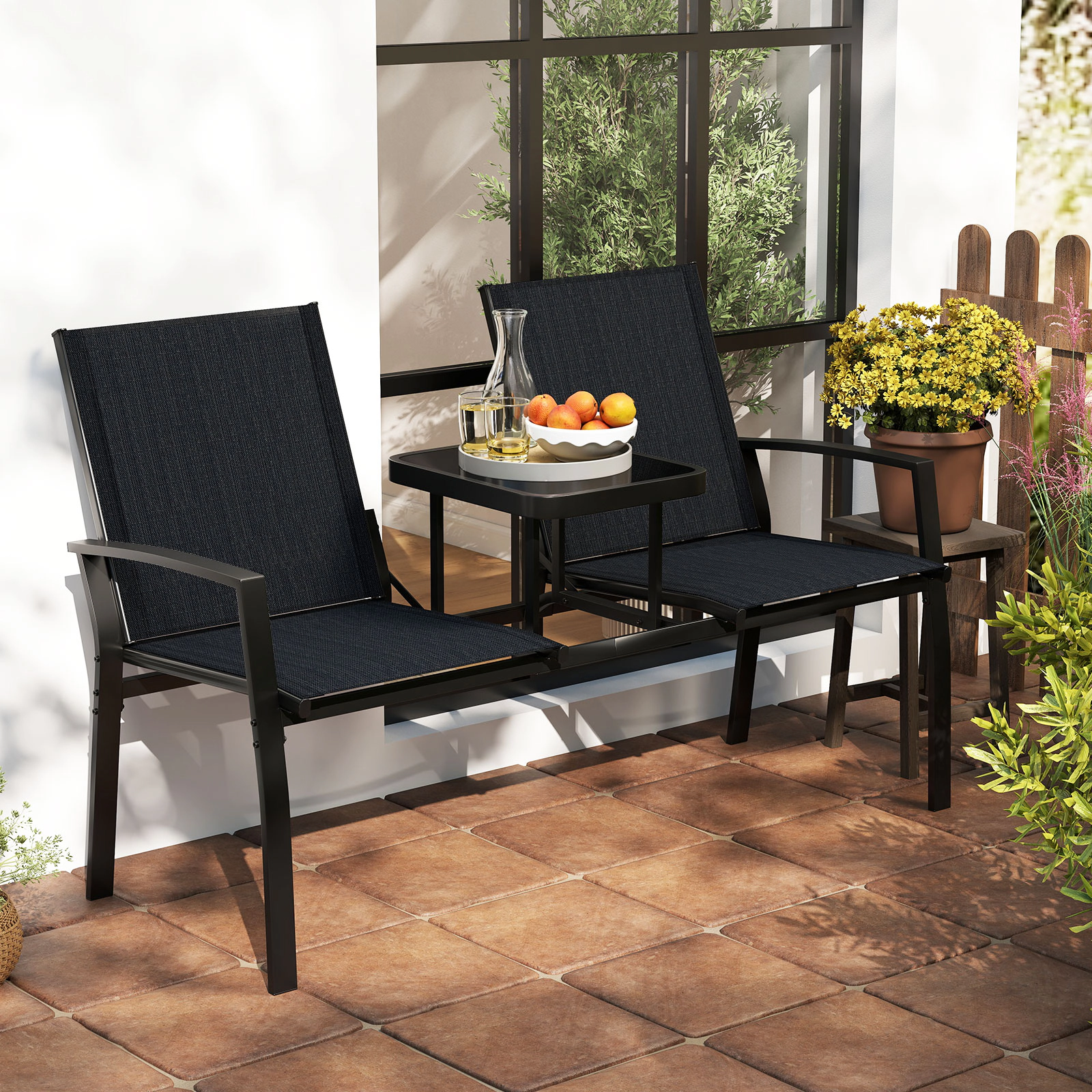 LJG Patio Loveseat with Built-in Table with Breathable Fabric Back