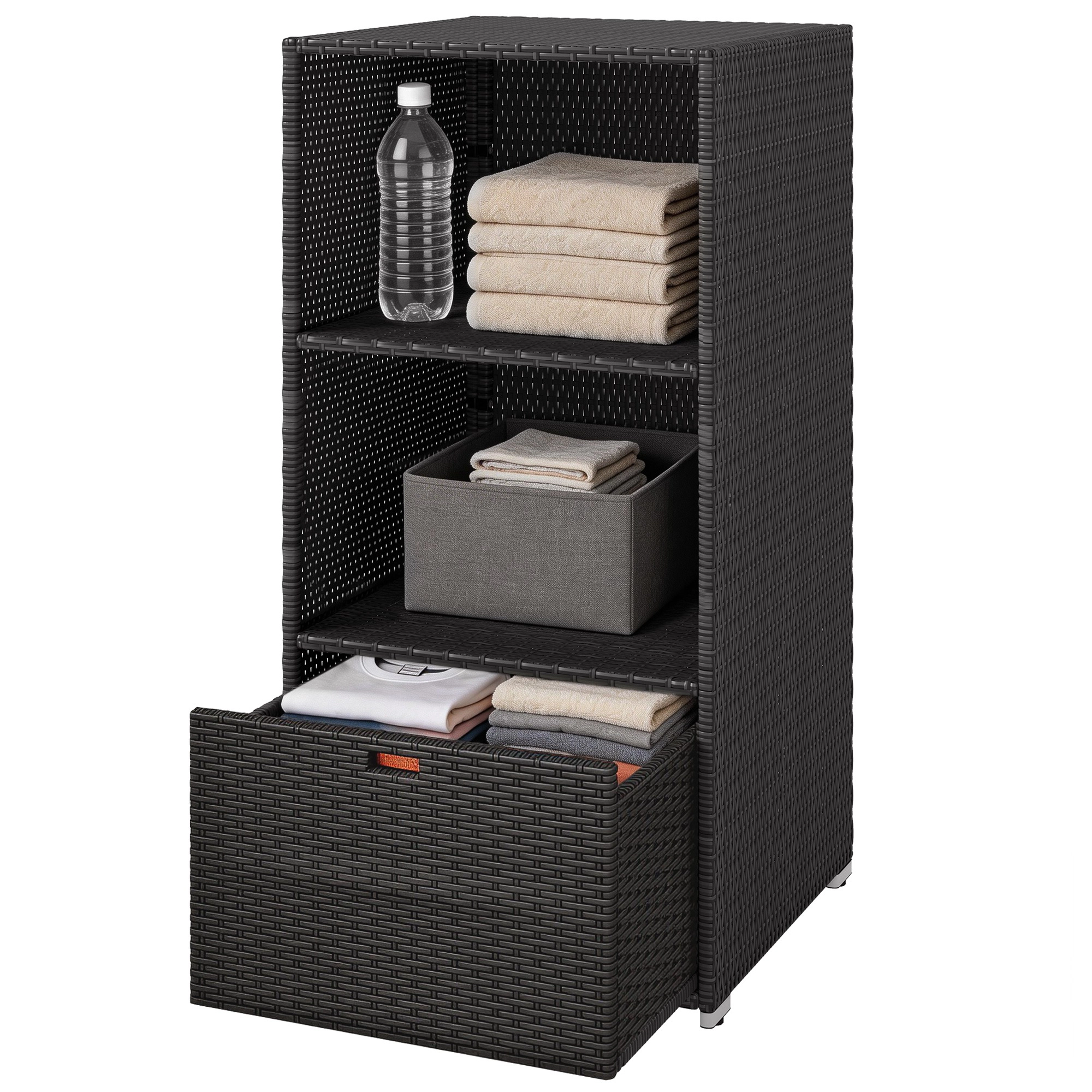 HONGGE Valet Pool Towel Rack, Water-Resistant PE Plastic Rattan Wicker Storage Organizer, 2 Shelves, 1 Basket Drawer