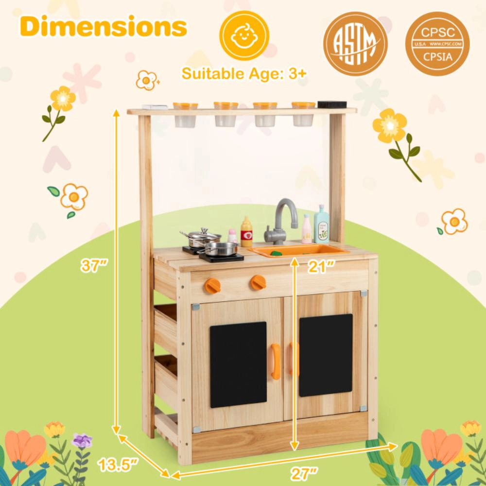 Hivvago Kids Mud Kitchen Fir Wood Playset with Planting Pots and Blackboards-Natural