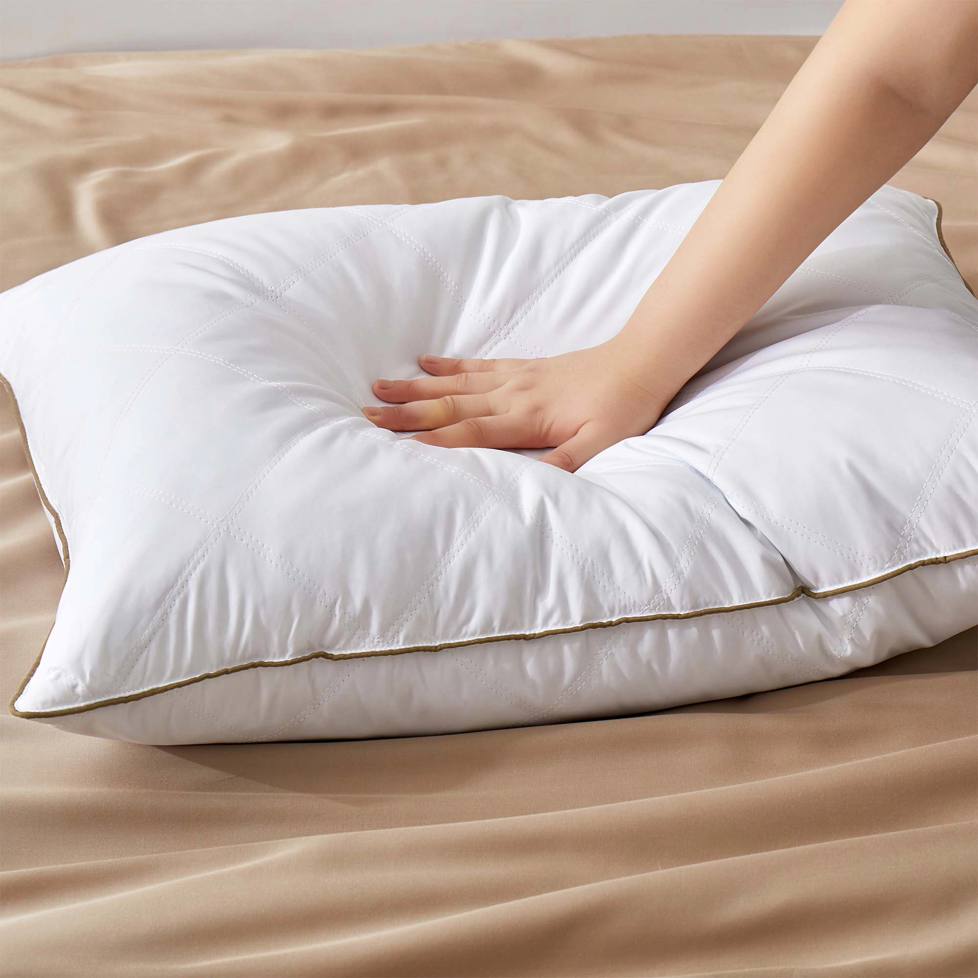PEACENEST Goose Feather Sleep Pillow with Decorative Brown Piping