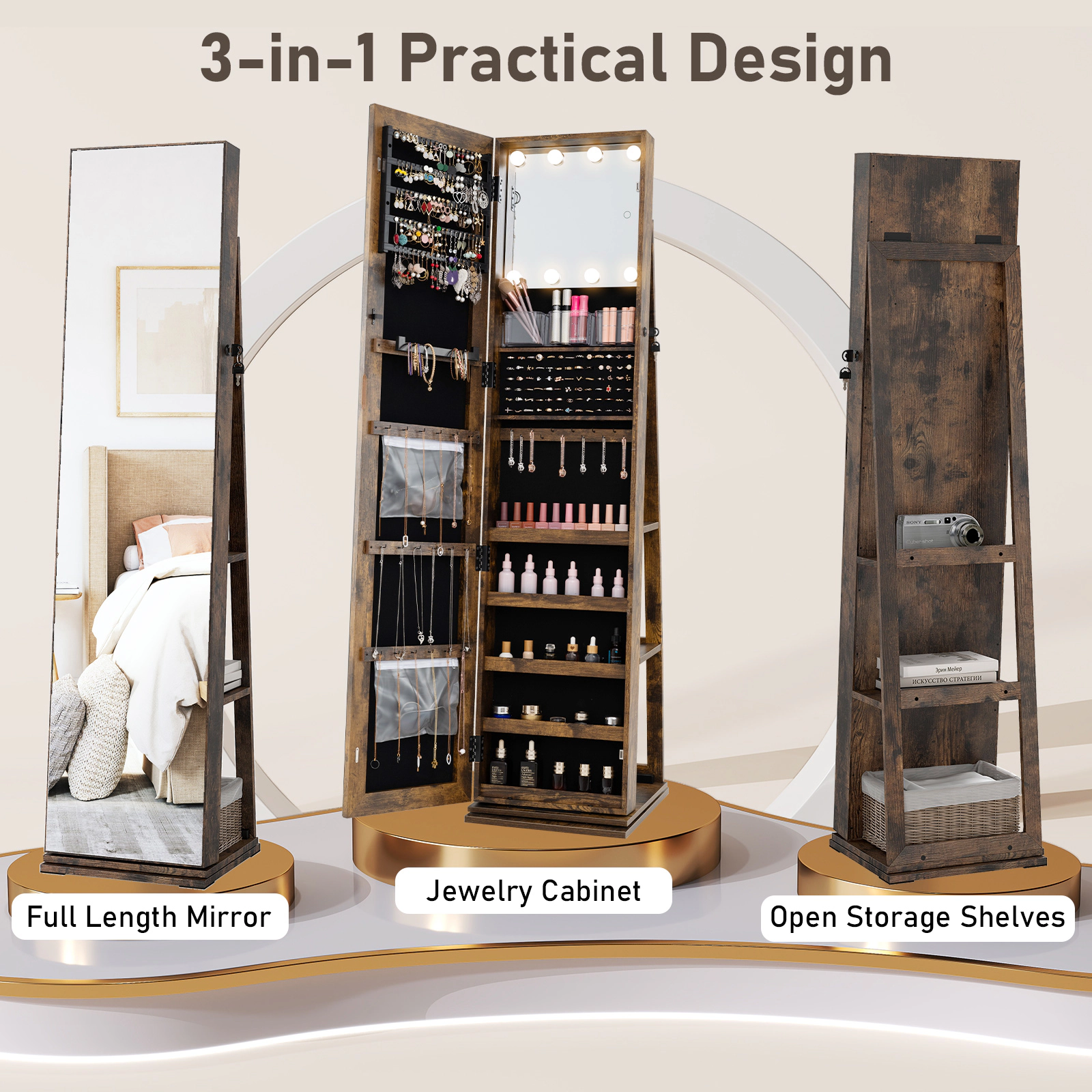 SUGIFT 63 in Swivel Jewelry Cabinet Rustic Brown with 62 in Full Length Aluminum Mirror
