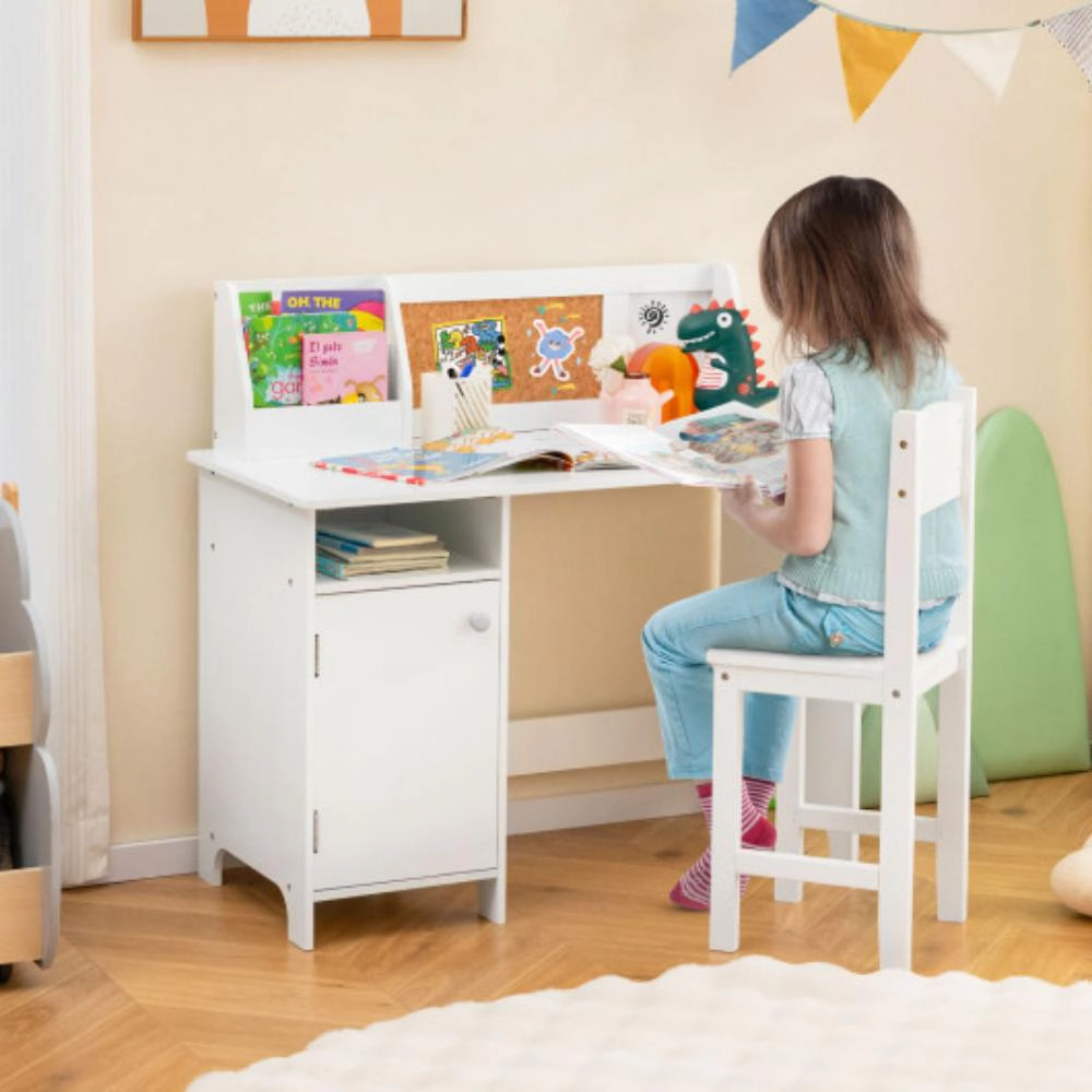 Hivvago Wooden Kids Study Desk And Chair Set With Storage Cabinet And Bulletin Board-White