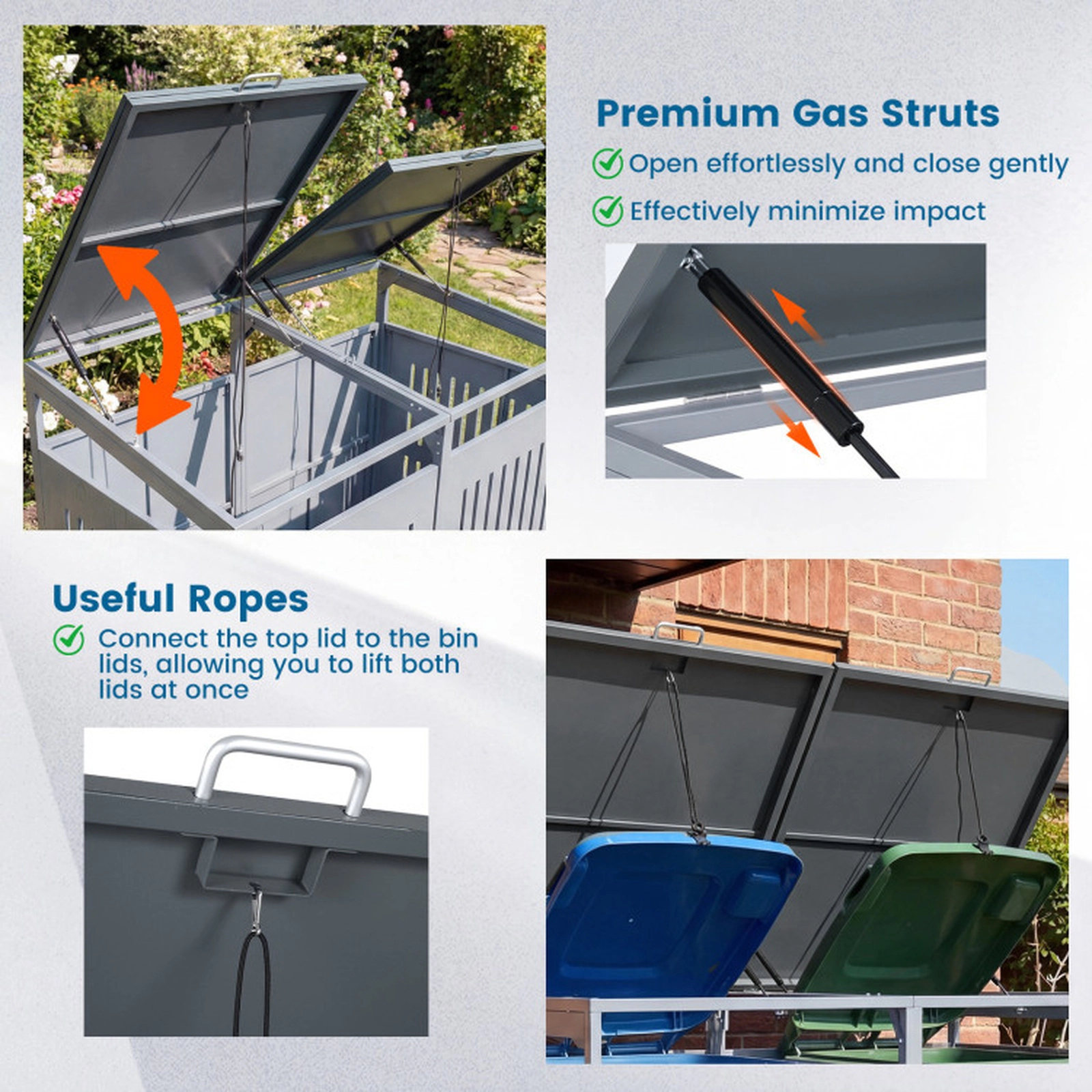 SUGIFT 2-Bin Gas Struts Lockable Metal Outdoor Trash Can Storage Shed 52-in x 32-in x 49.5-in 44-Cu-Ft Silver
