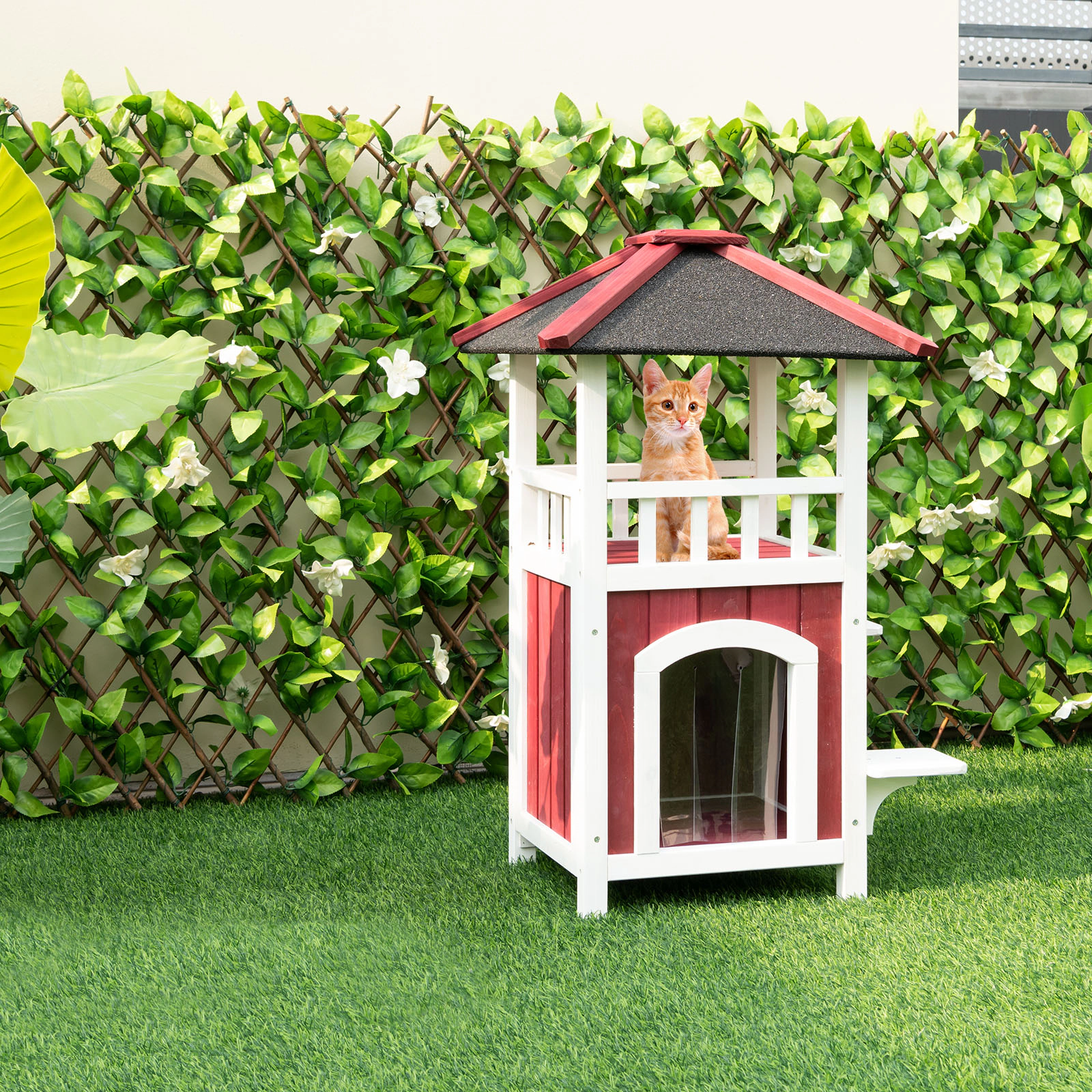 SUGIFT 23 x 34-in 33-lb Platform Capacity Red 2-Story Wooden Outdoor Cat House with Asphalt Roof and Balcony